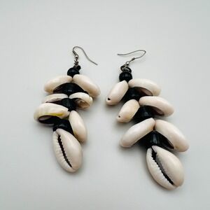 Vintage Cowrie Shell Earrings Dangle Boho Natural White Black Statement Art Folk